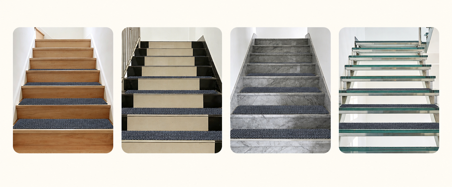 Stair treads installed on wood, tile, marble and glass staircases