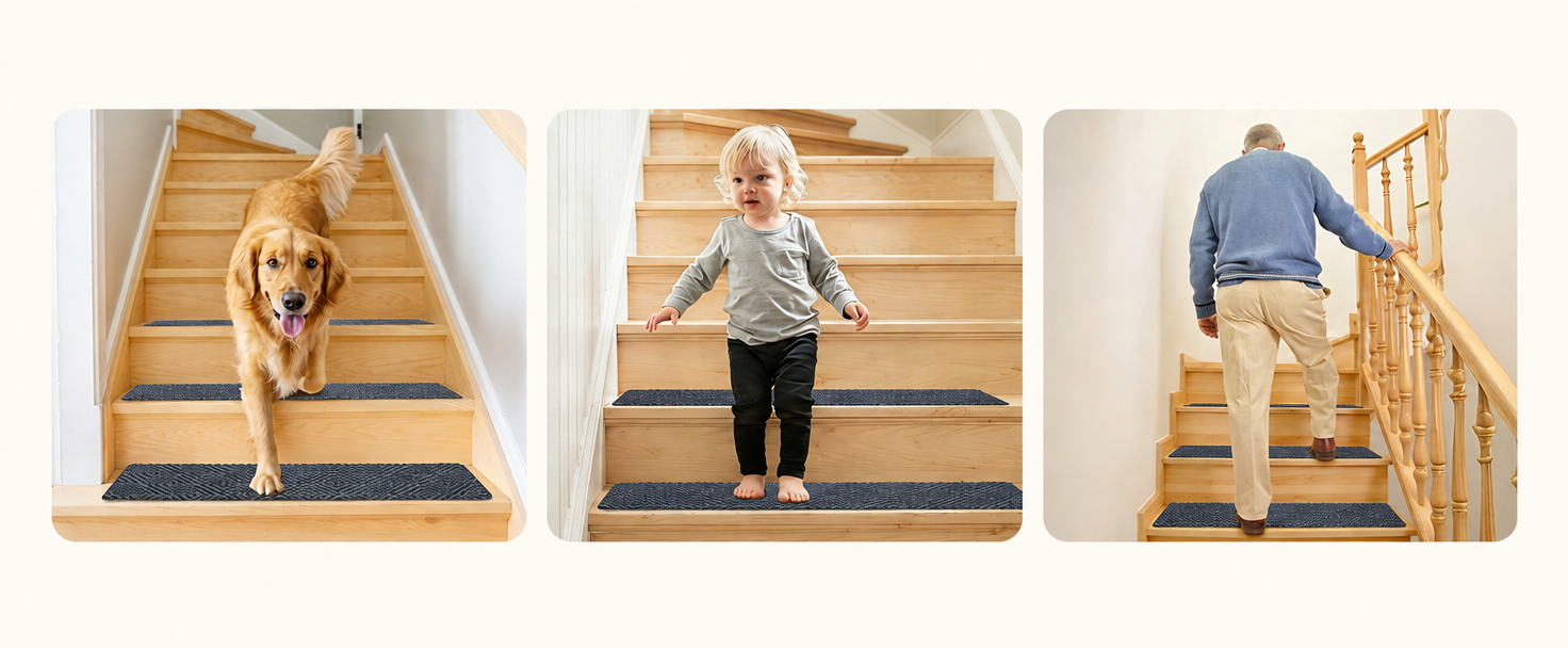 A dog, a toddler, and an elderly person walking safely on stairs with non-slip treads
