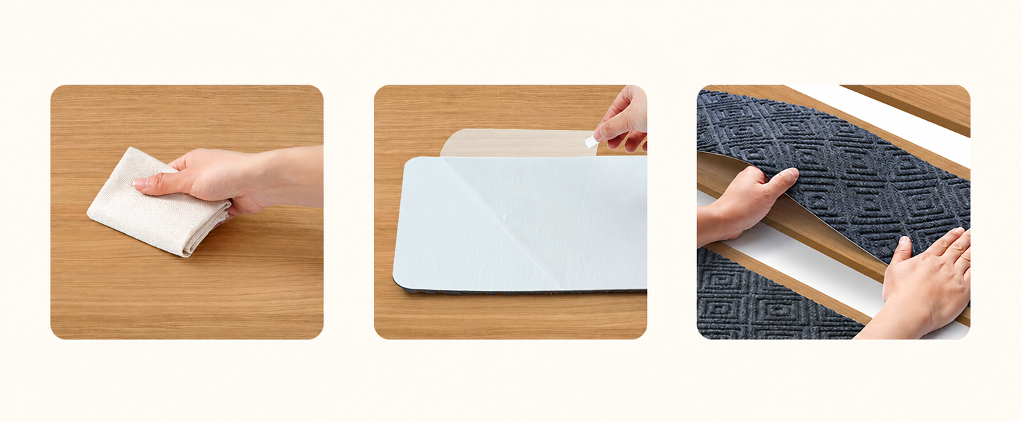 Three steps to install stair treads: wipe, peel backing, press into place