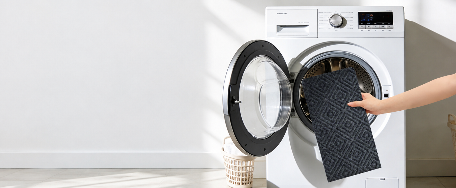 Hand placing a stair tread into a washing machine for cleaning