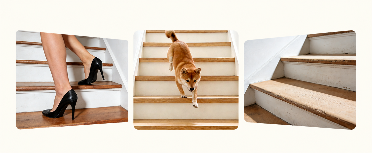 High heels, a dog stepping down, and a worn wooden stair edge showing common stair problems