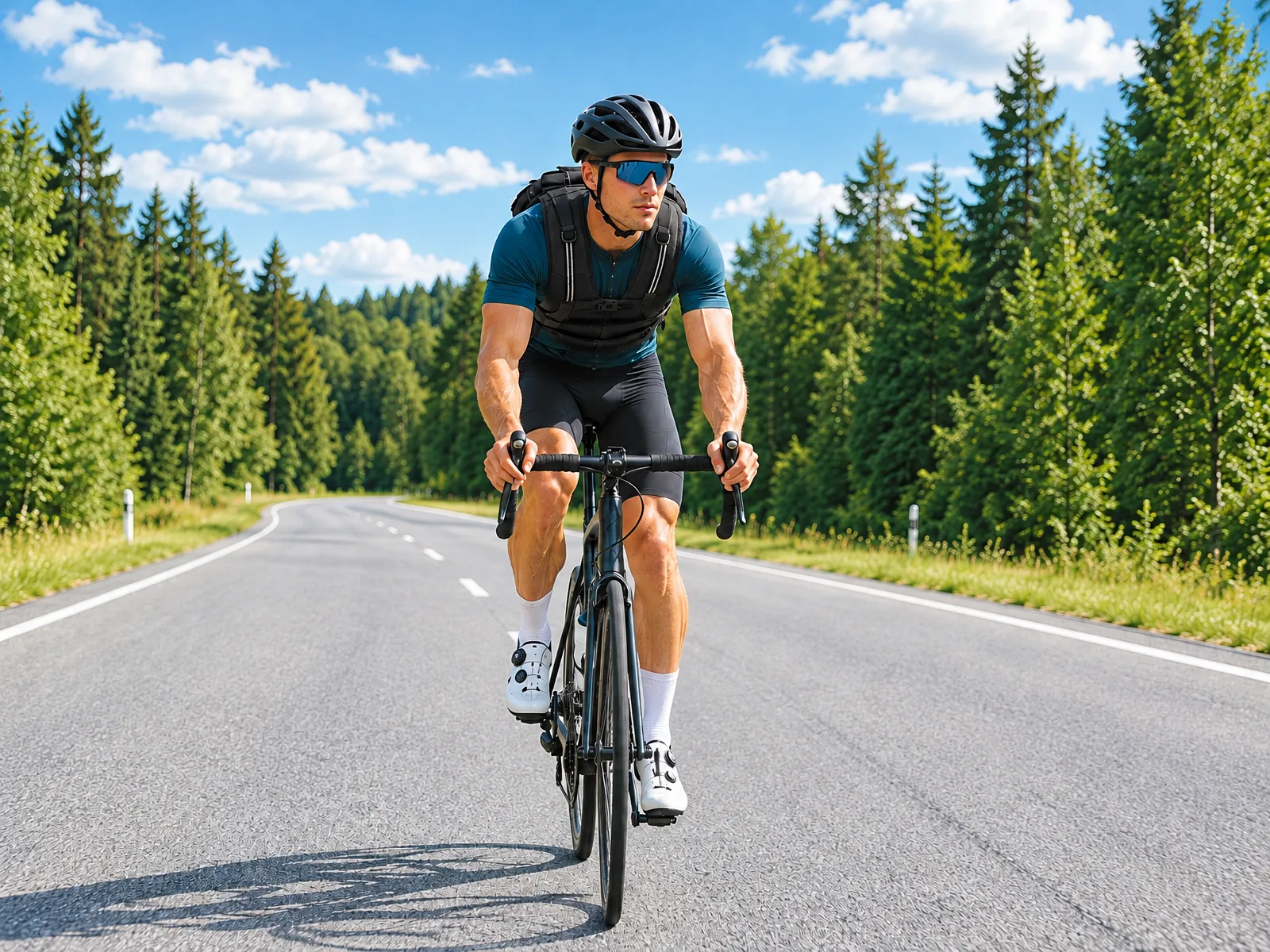 Cyclist riding outdoors wearing the BAGAIL 30 lb weighted vest &mdash; text-free scene