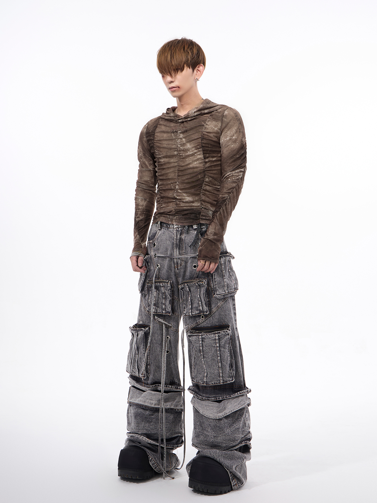 DISTRESSED RUCHED MESH HOODIE-START EXCEED END