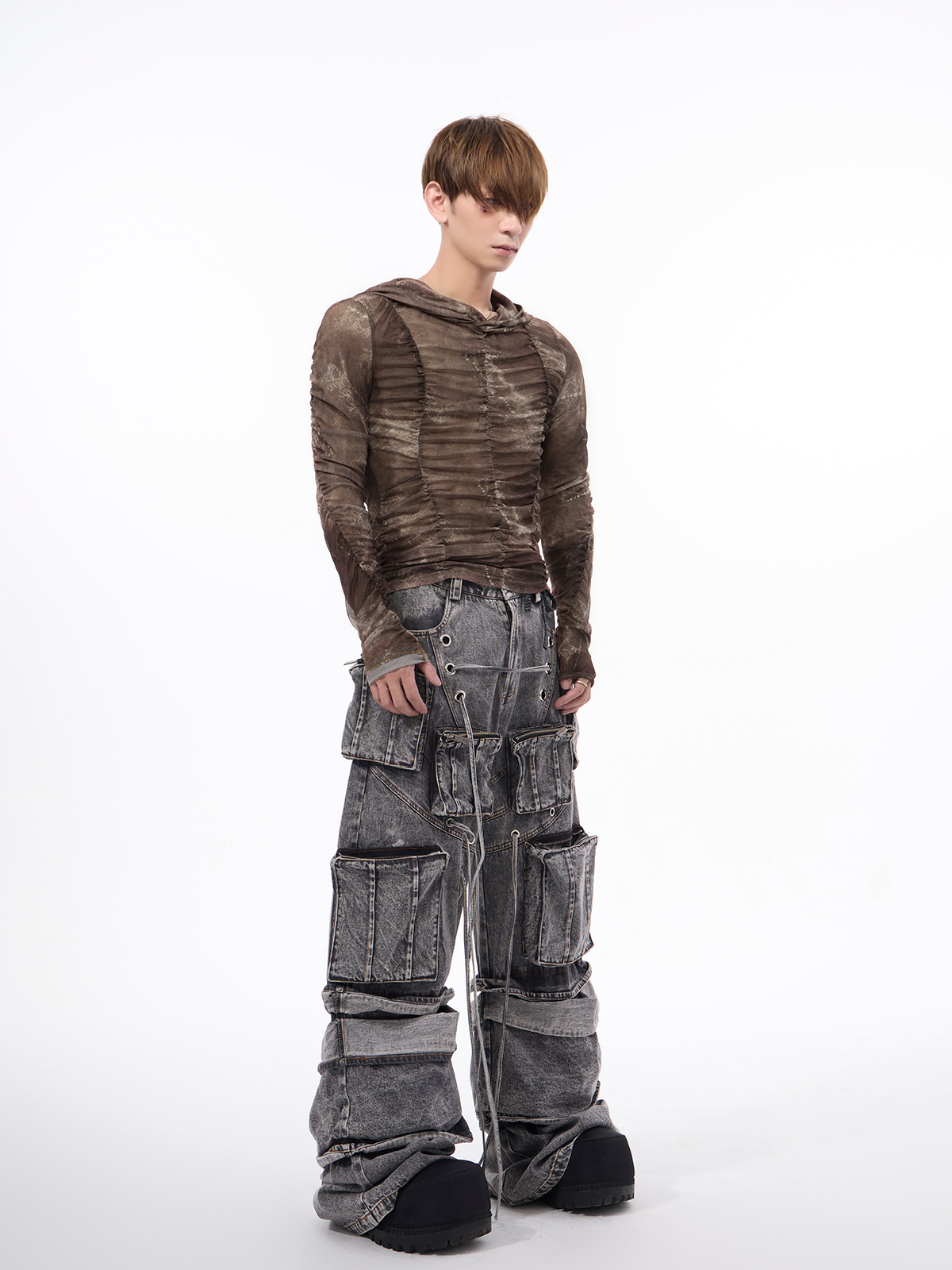 DISTRESSED RUCHED MESH HOODIE-START EXCEED END