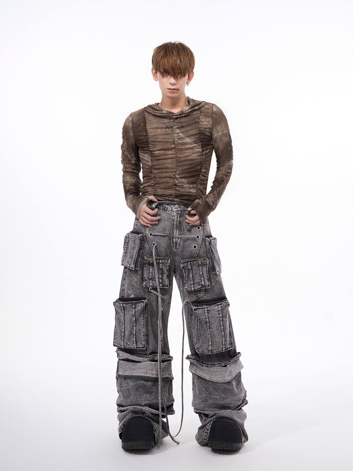 DISTRESSED RUCHED MESH HOODIE-START EXCEED END