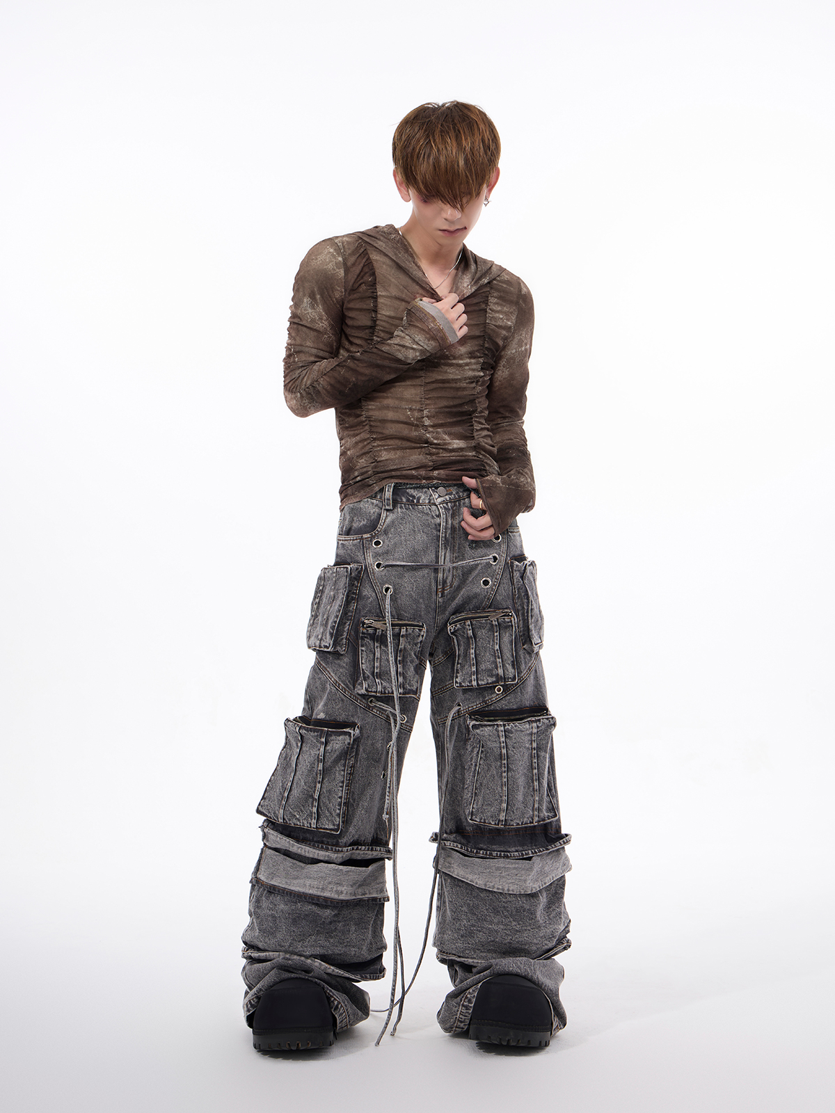 DISTRESSED RUCHED MESH HOODIE-START EXCEED END