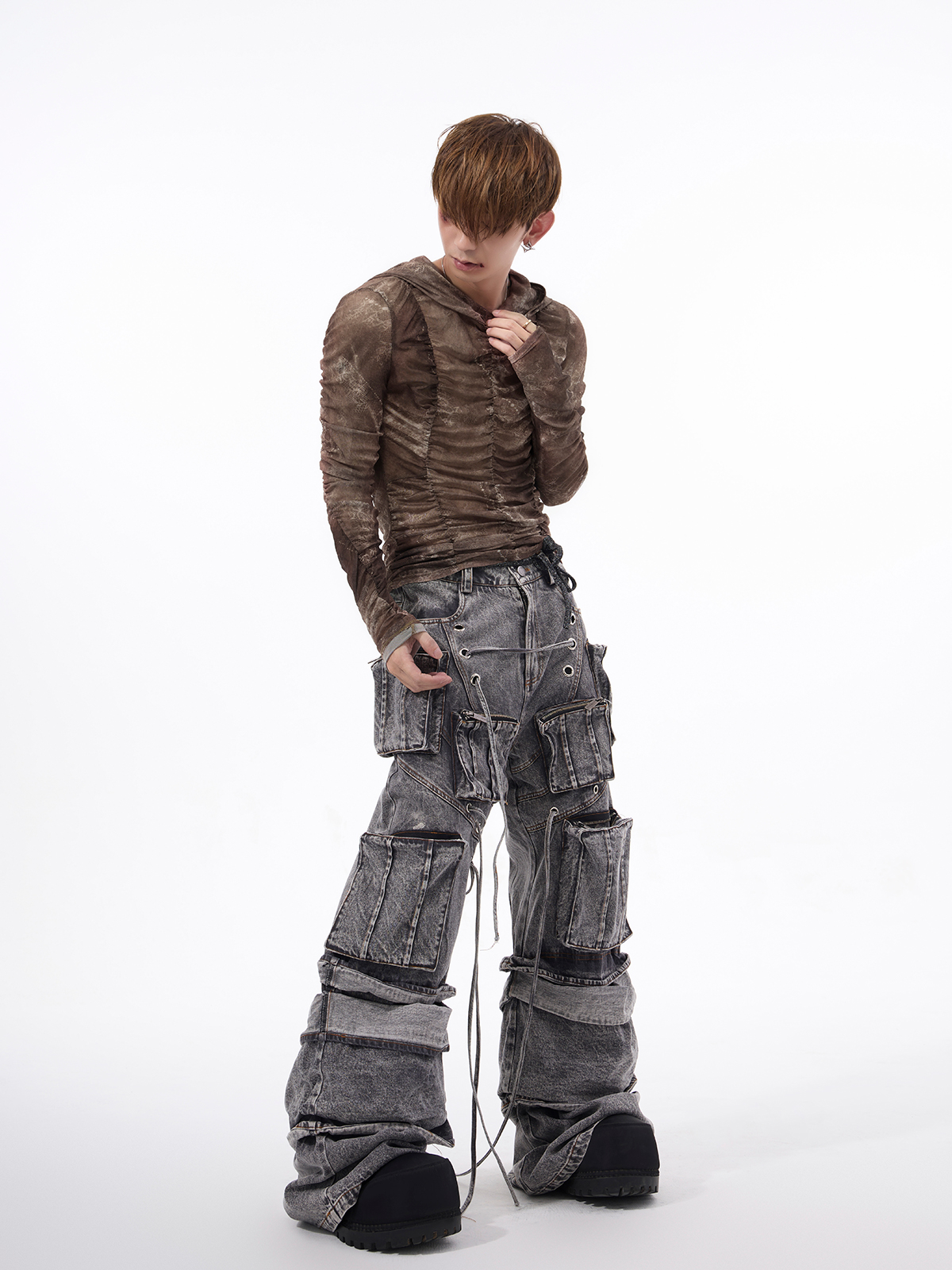 DISTRESSED RUCHED MESH HOODIE-START EXCEED END