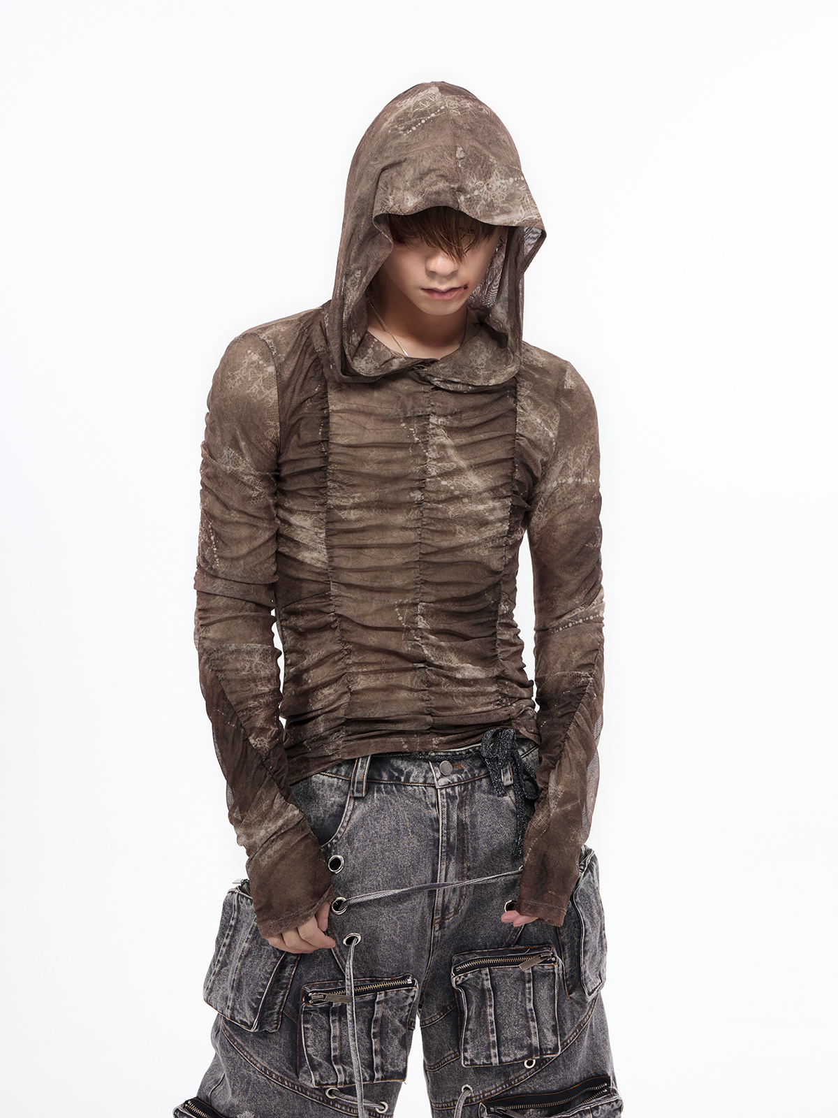 DISTRESSED RUCHED MESH HOODIE-START EXCEED END