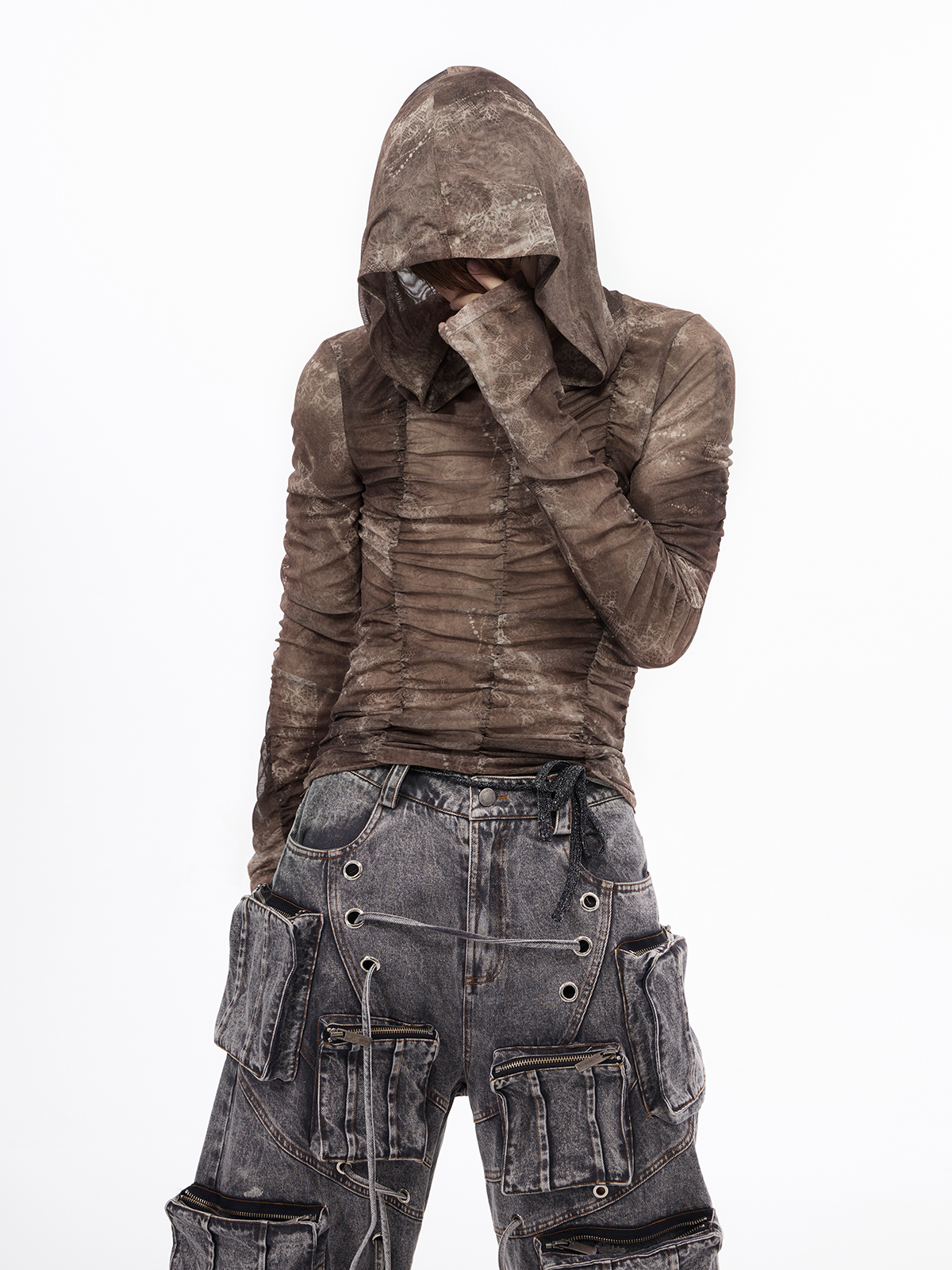 DISTRESSED RUCHED MESH HOODIE-START EXCEED END