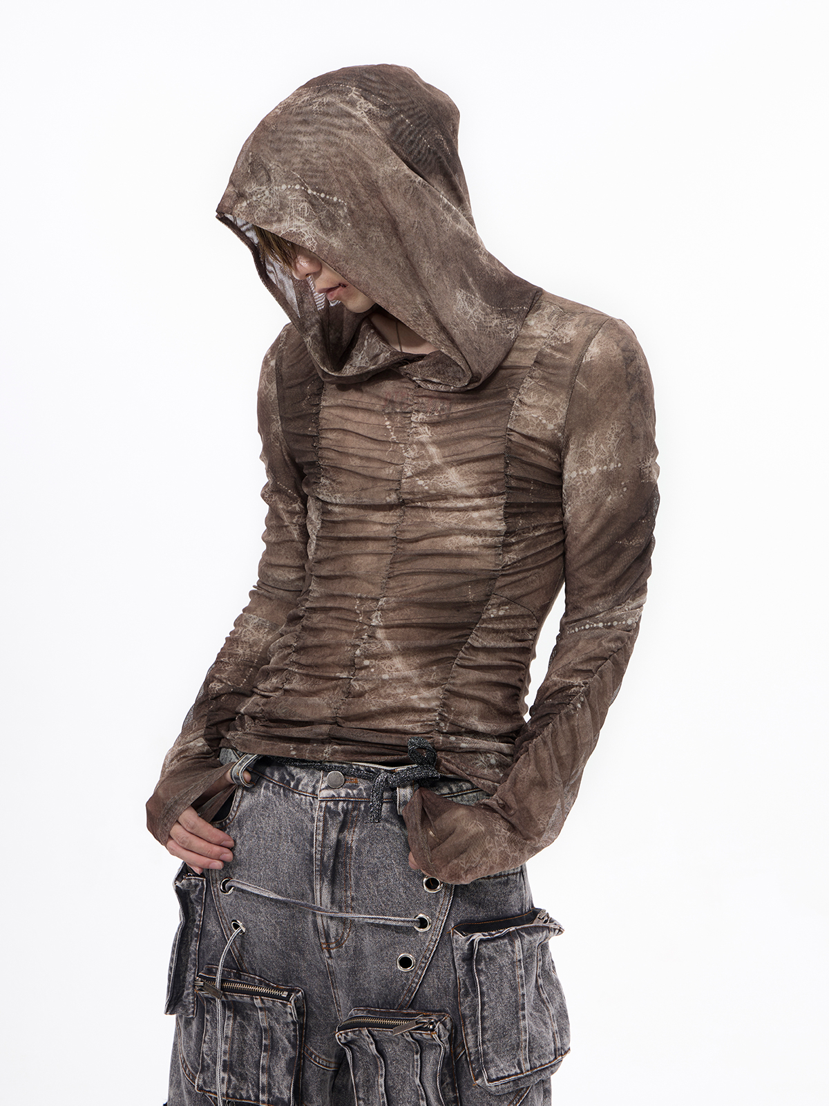 DISTRESSED RUCHED MESH HOODIE-START EXCEED END