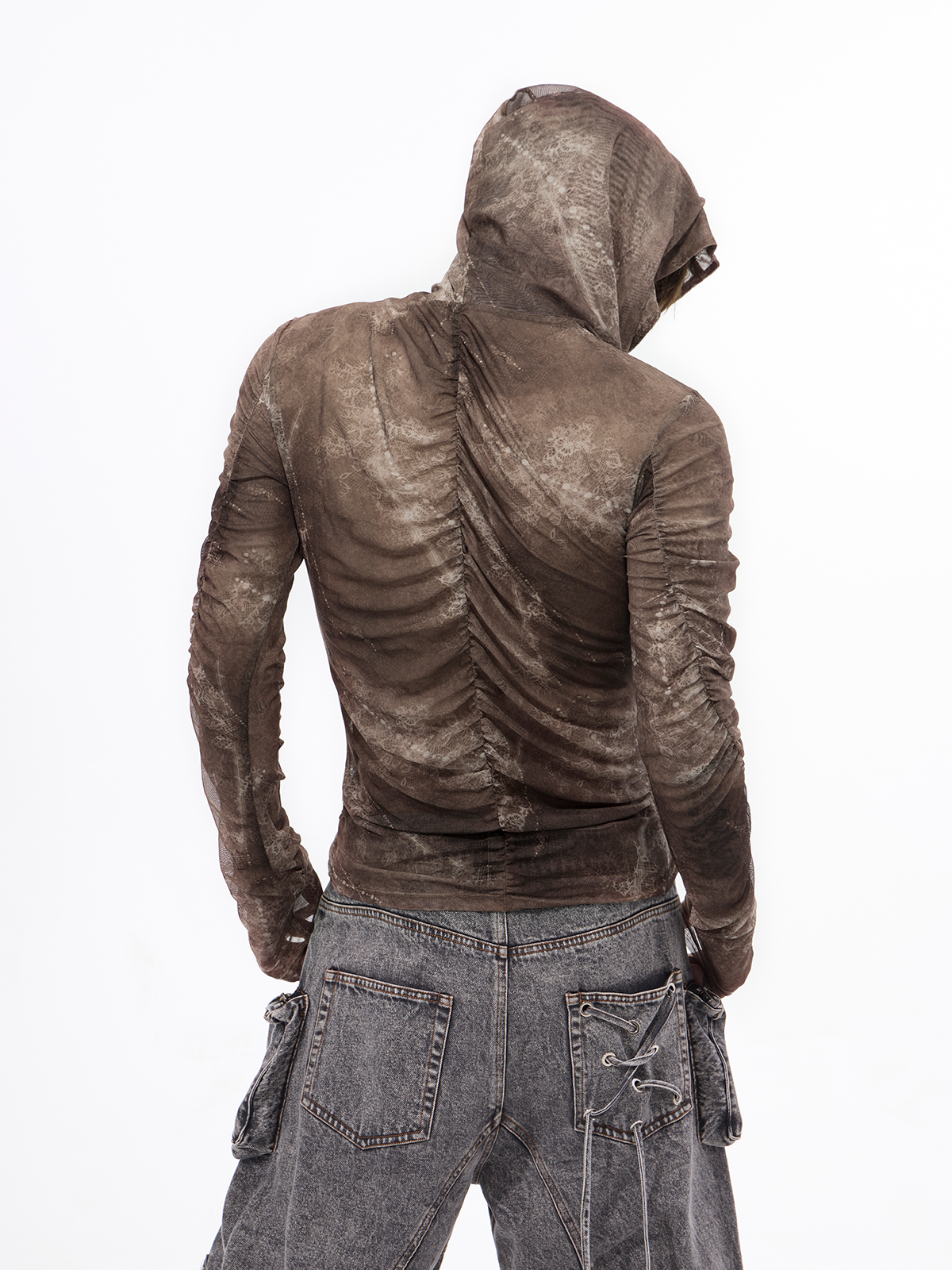 DISTRESSED RUCHED MESH HOODIE-START EXCEED END
