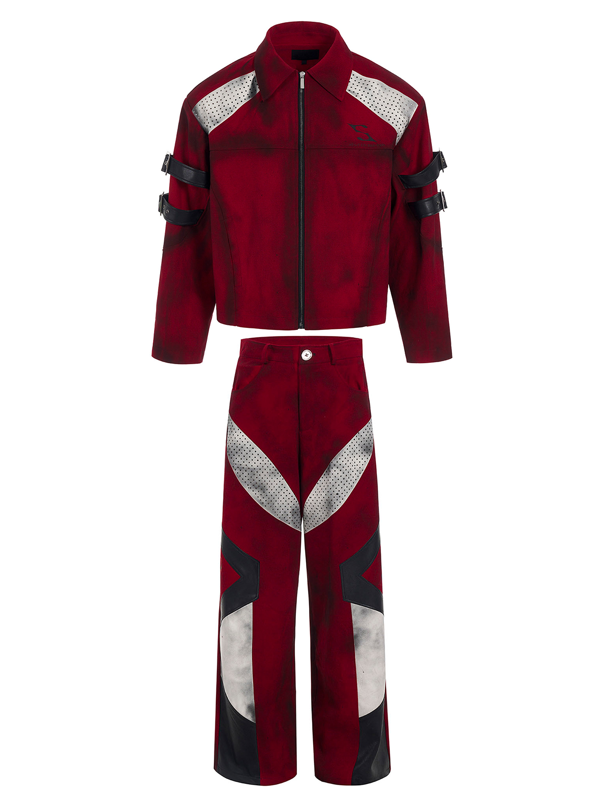 DISTRESSED RED CYBER-MOTO JACKET & PANTS SET-START EXCEED END