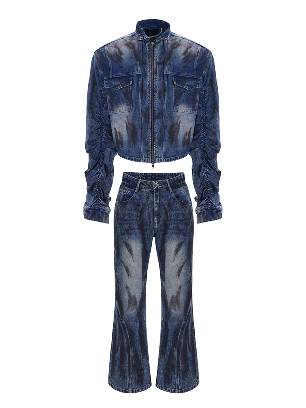 MUD WASH RUCHED DENIM JACKET & FLARED JEANS SET-START EXCEED END