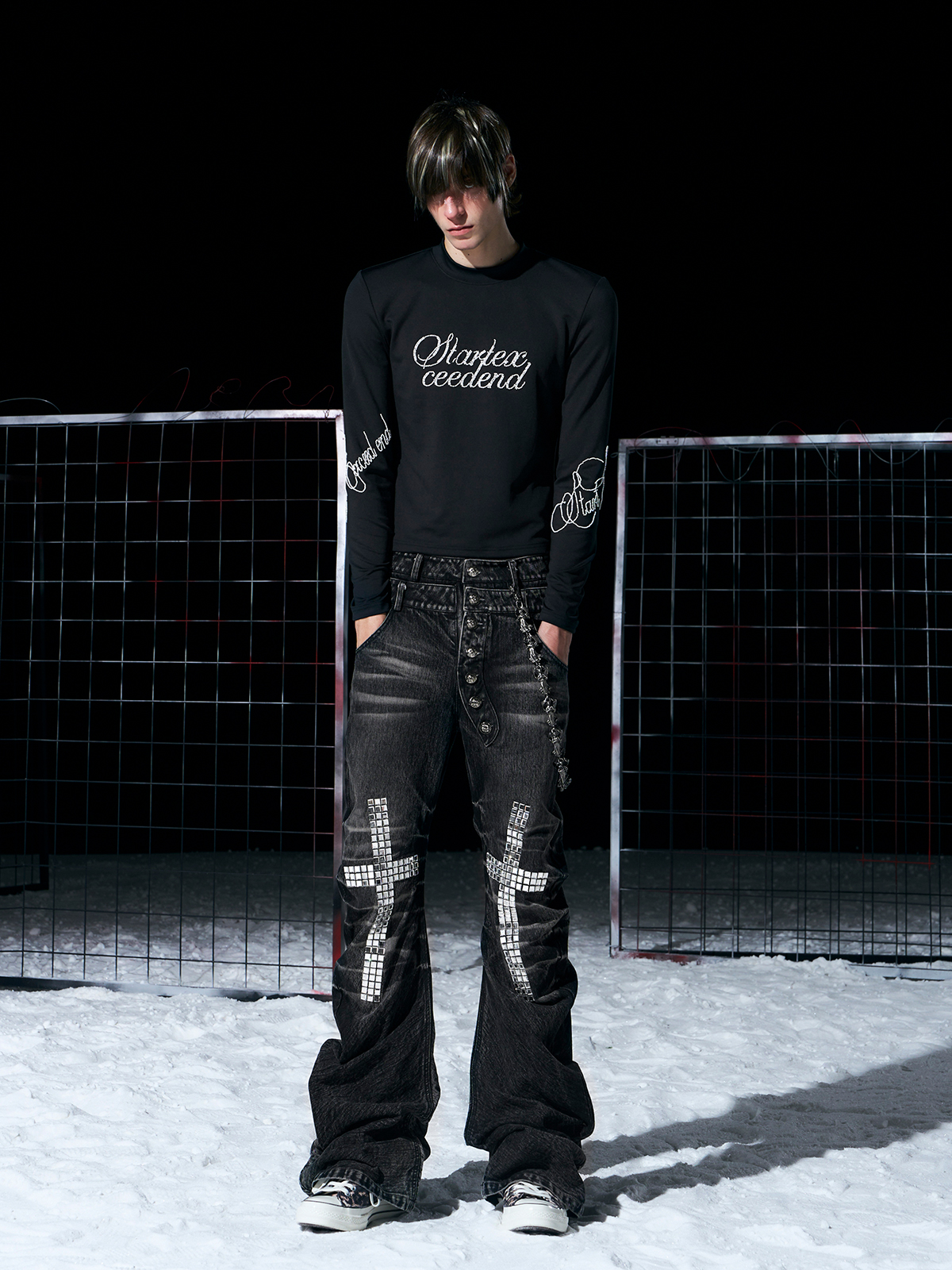 BLACK RHINESTONE SCRIPT MOCK NECK LONG SLEEVE