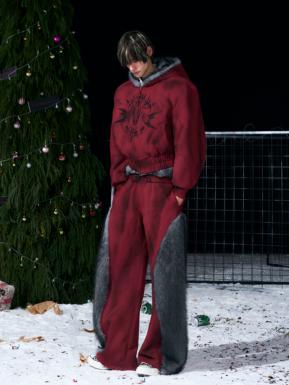 VINTAGE RED REVERSIBLE FUR HOODIE & FUR PANEL PANTS SET