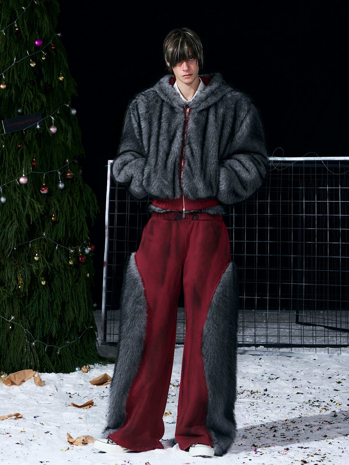 VINTAGE RED REVERSIBLE FUR HOODIE & FUR PANEL PANTS SET