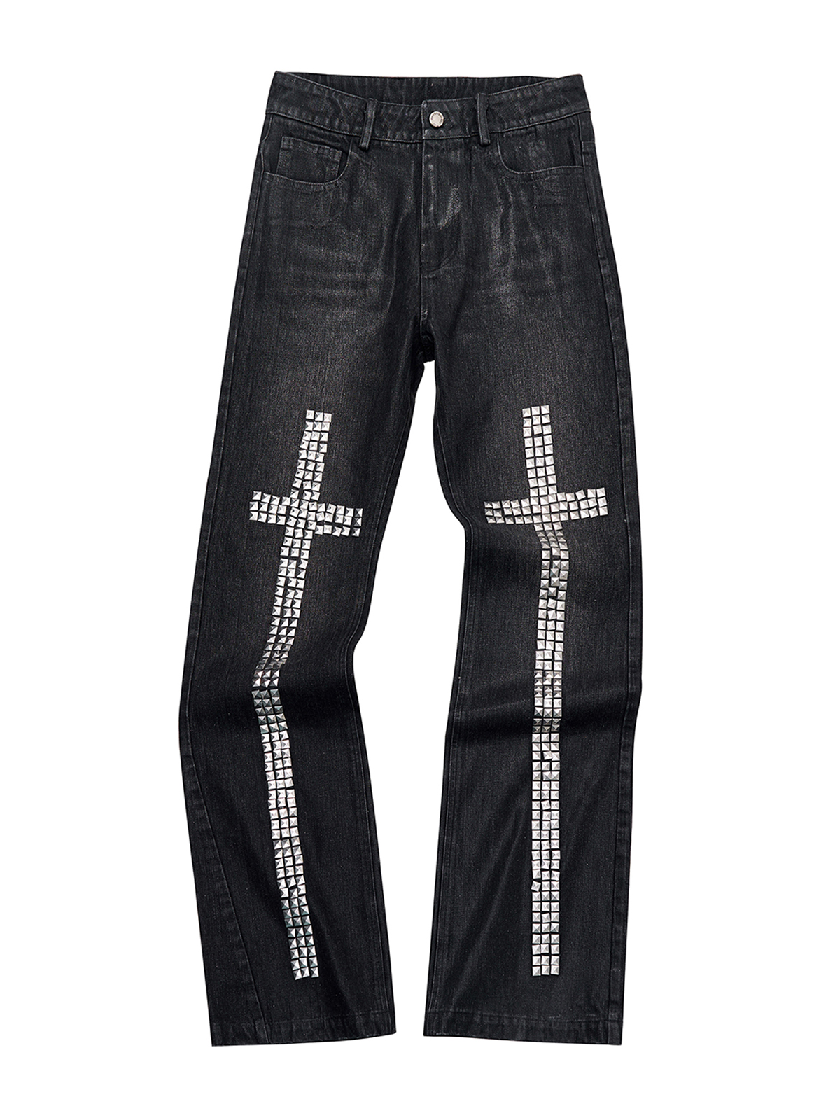 BLACK RHINESTONE CROSS STRAIGHT JEANS