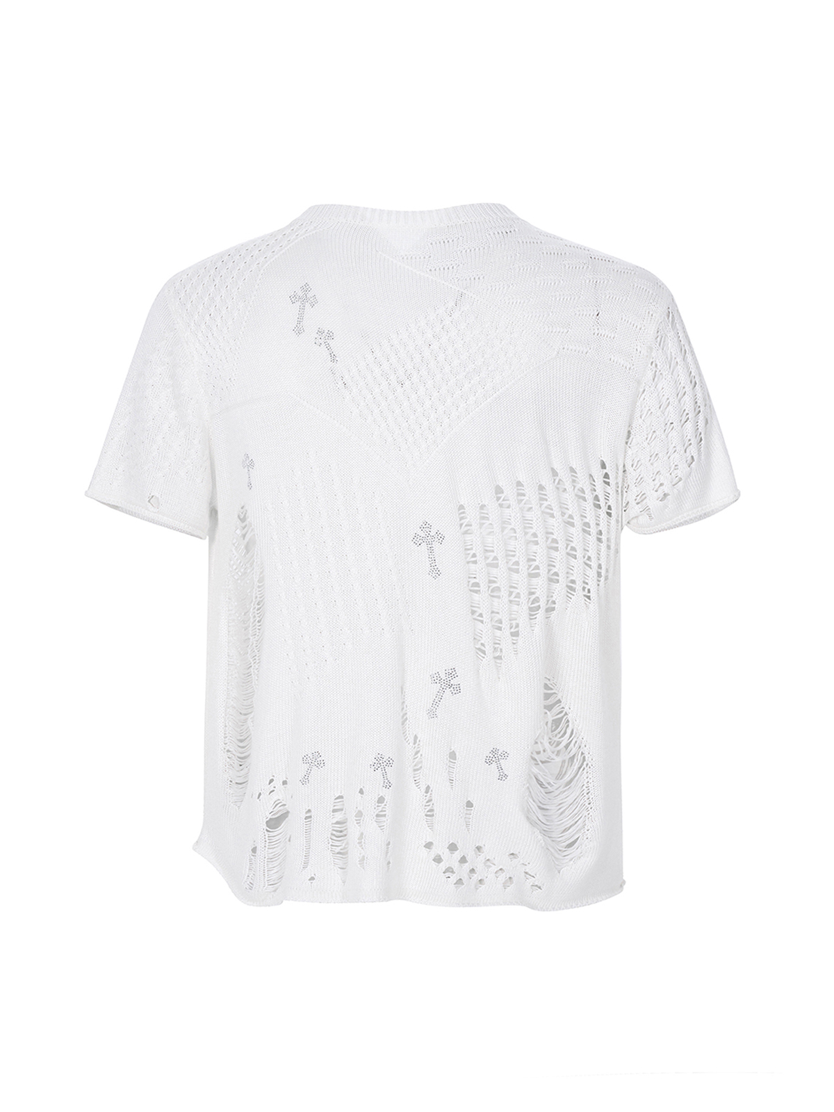 WHITE DISTRESSED CROSS KNIT TEE