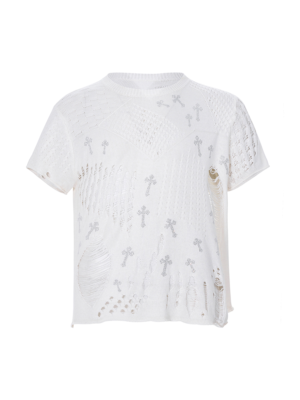 WHITE DISTRESSED CROSS KNIT TEE