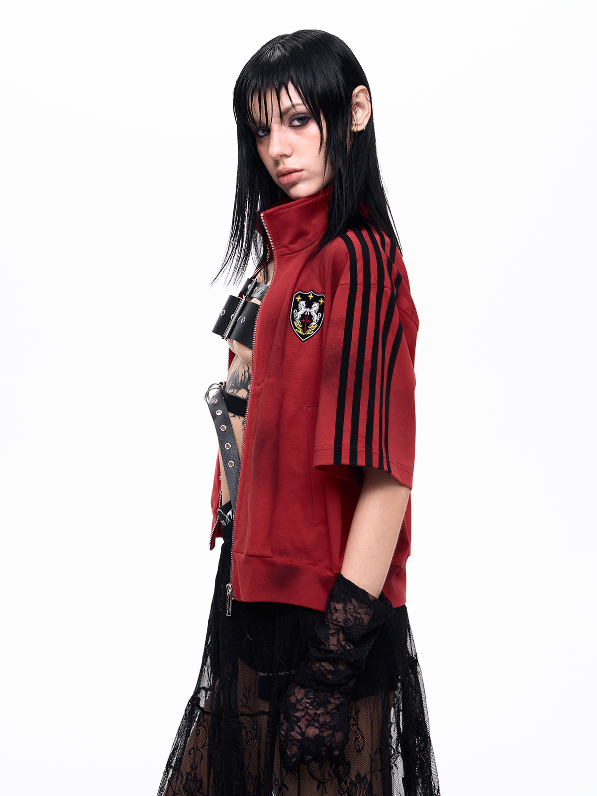 DIRTY WASH EMBROIDERED TRACK SWEATSHIRT-BURGUNDY