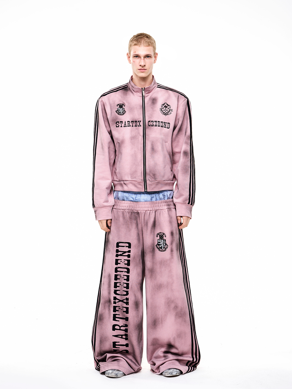DIRTY WASH 4-STRIPE TRACK SUIT SET-PINK