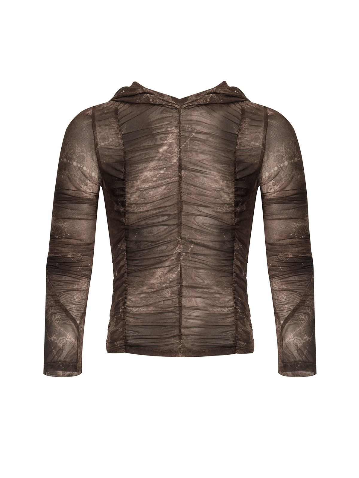 DISTRESSED RUCHED MESH HOODIE-START EXCEED END