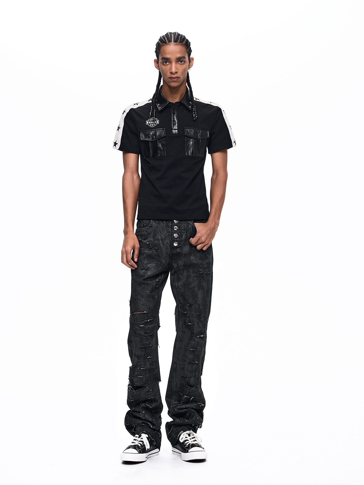 WAXED DISTRESSED 5-BUTTON SLIM STRAIGHT JEANS