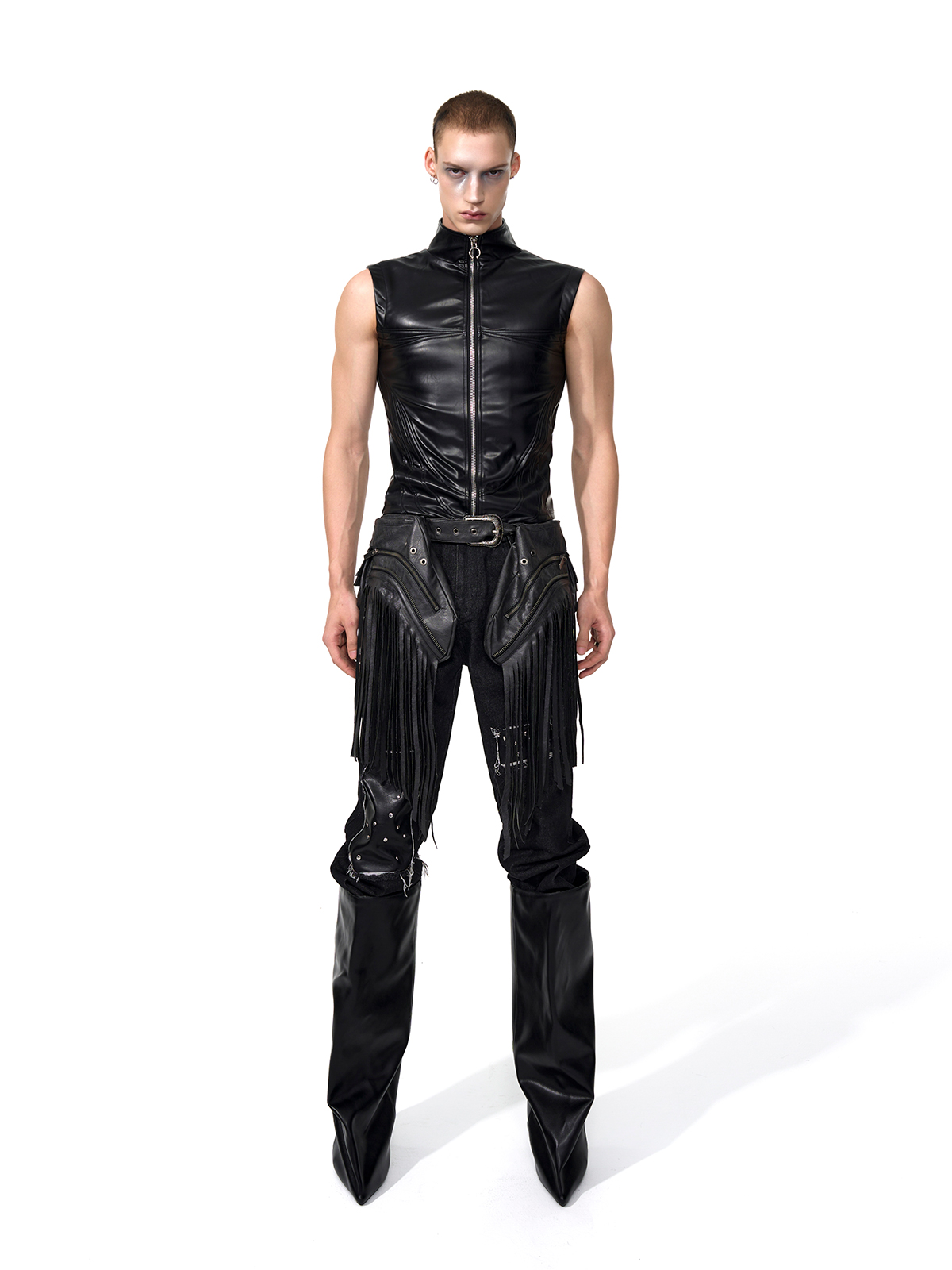 SCULPTED HIGH-NECK LEATHER VEST-START EXCEED END