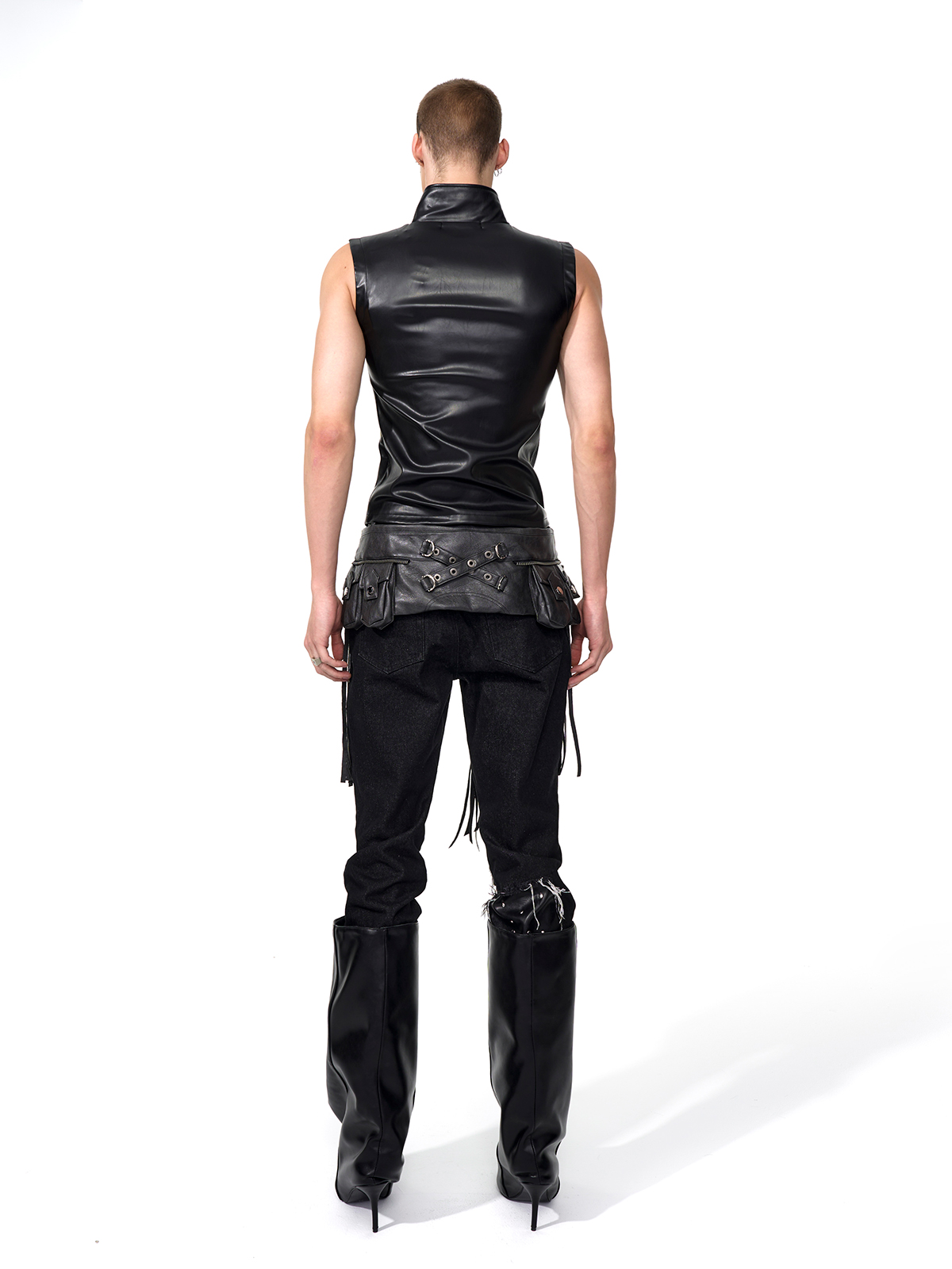 SCULPTED HIGH-NECK LEATHER VEST-START EXCEED END