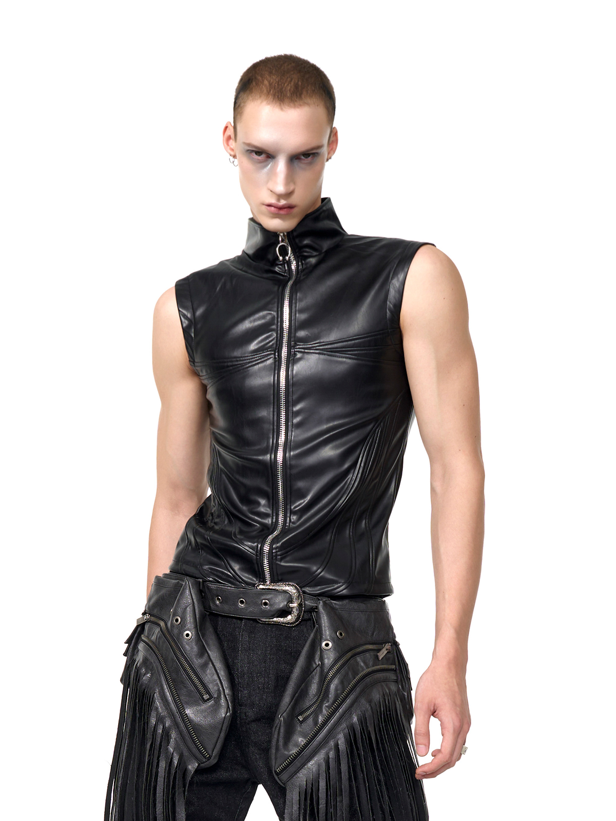 SCULPTED HIGH-NECK LEATHER VEST-START EXCEED END