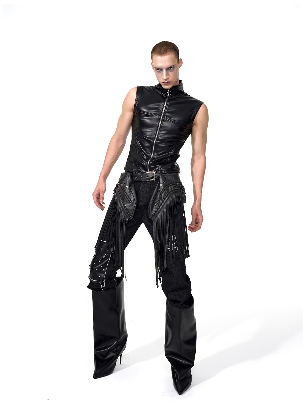 SCULPTED HIGH-NECK LEATHER VEST-START EXCEED END