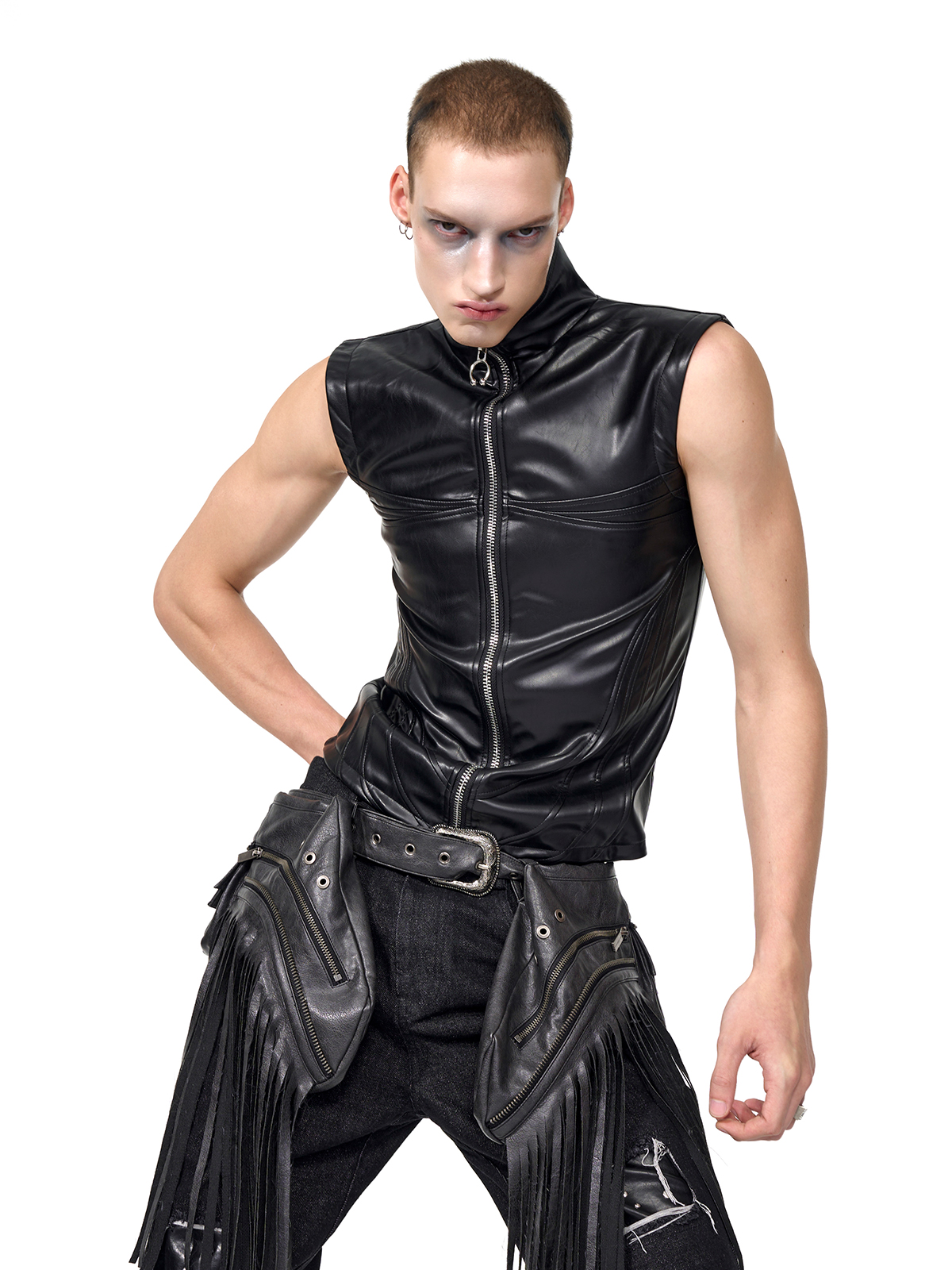 SCULPTED HIGH-NECK LEATHER VEST-START EXCEED END