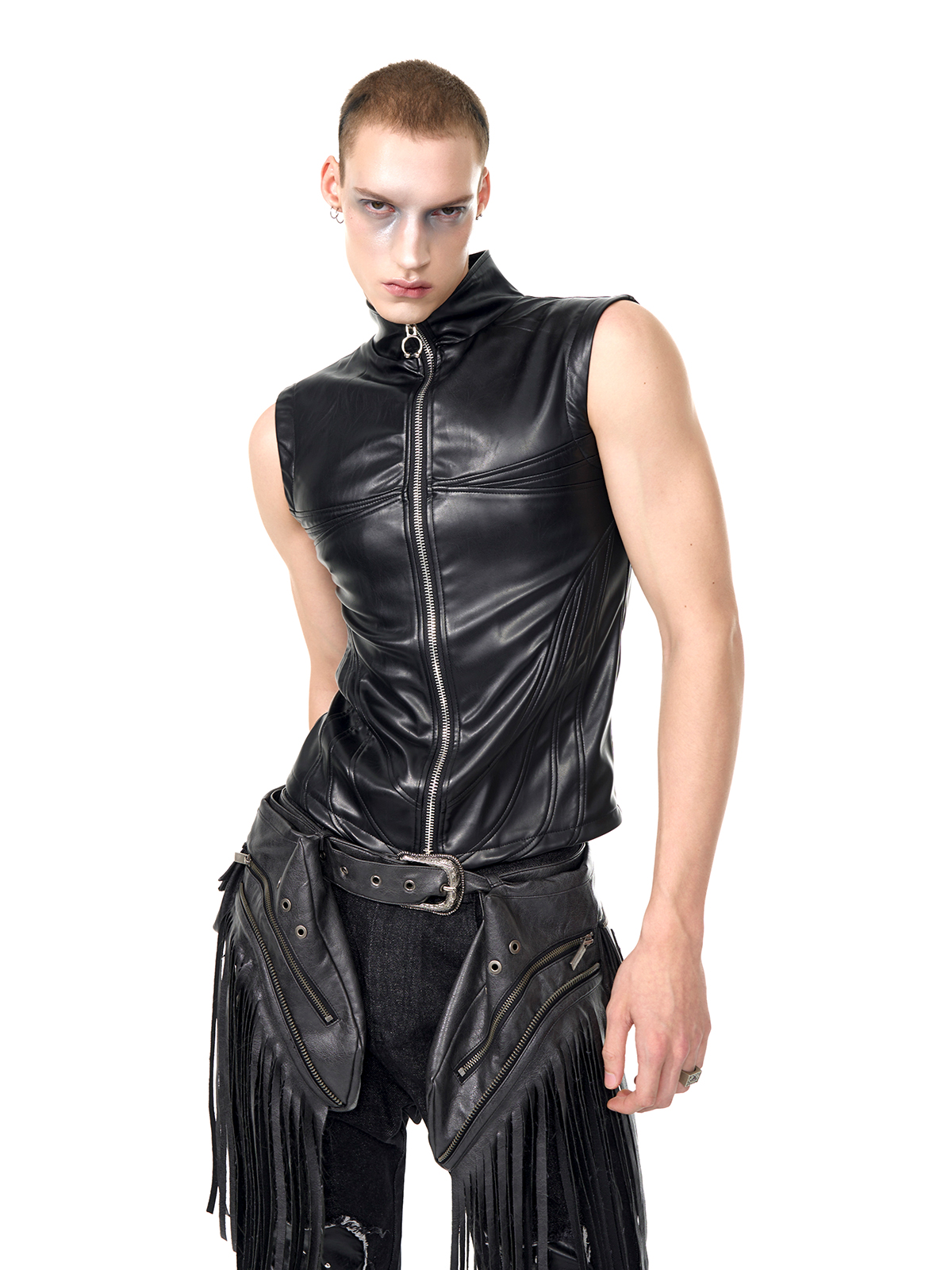 SCULPTED HIGH-NECK LEATHER VEST-START EXCEED END