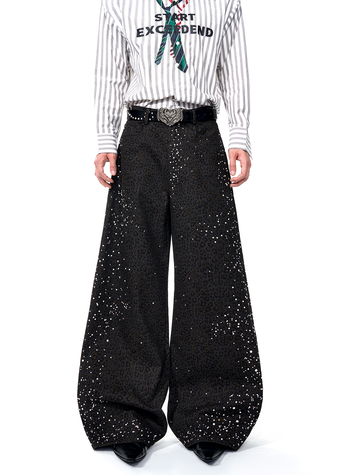 DARK LEOPARD RHINESTONE WIDE LEG TROUSERS-START EXCEED END