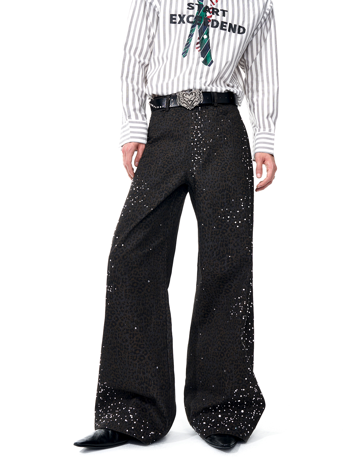 DARK LEOPARD RHINESTONE WIDE LEG TROUSERS-START EXCEED END