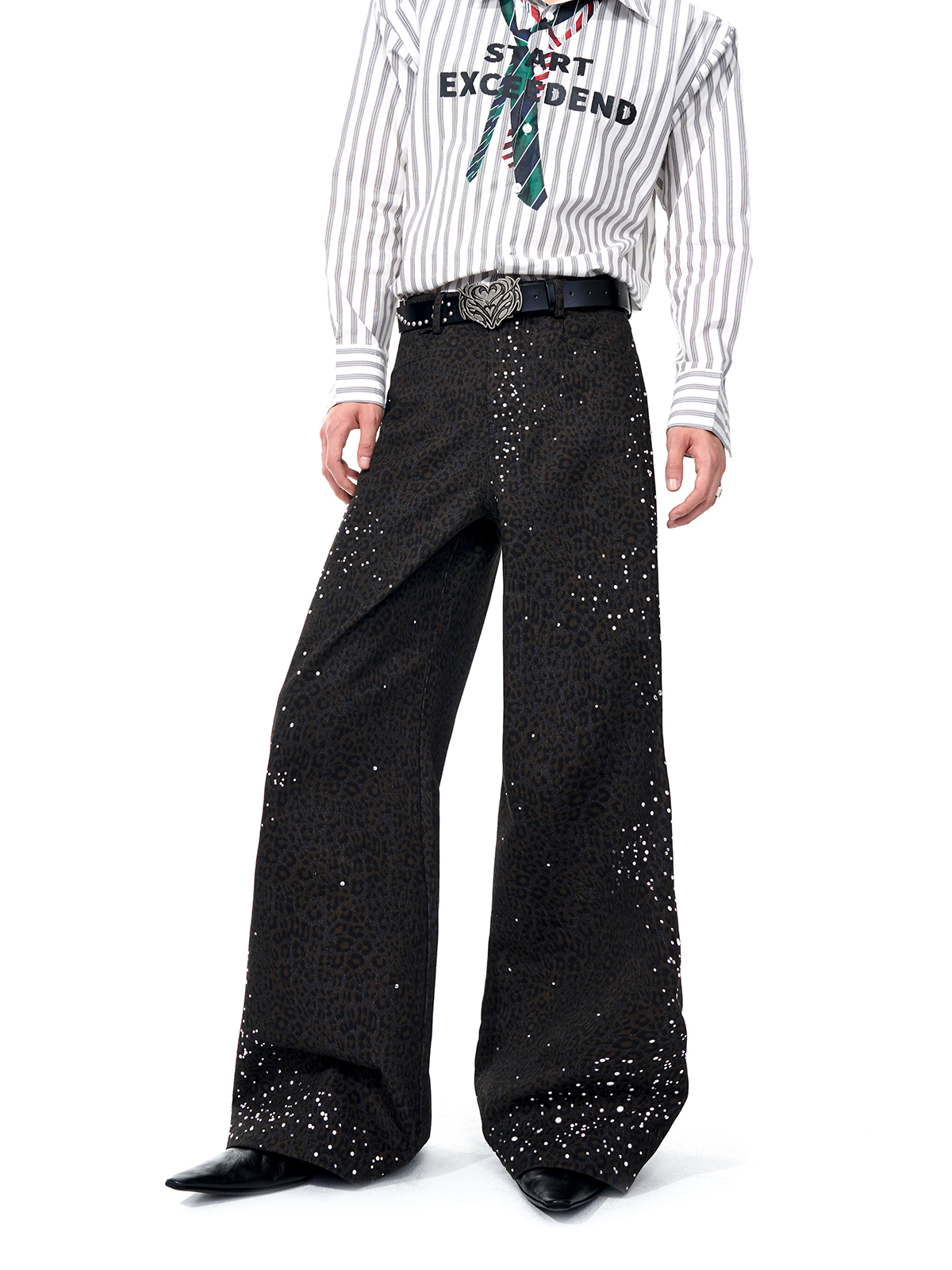 DARK LEOPARD RHINESTONE WIDE LEG TROUSERS-START EXCEED END
