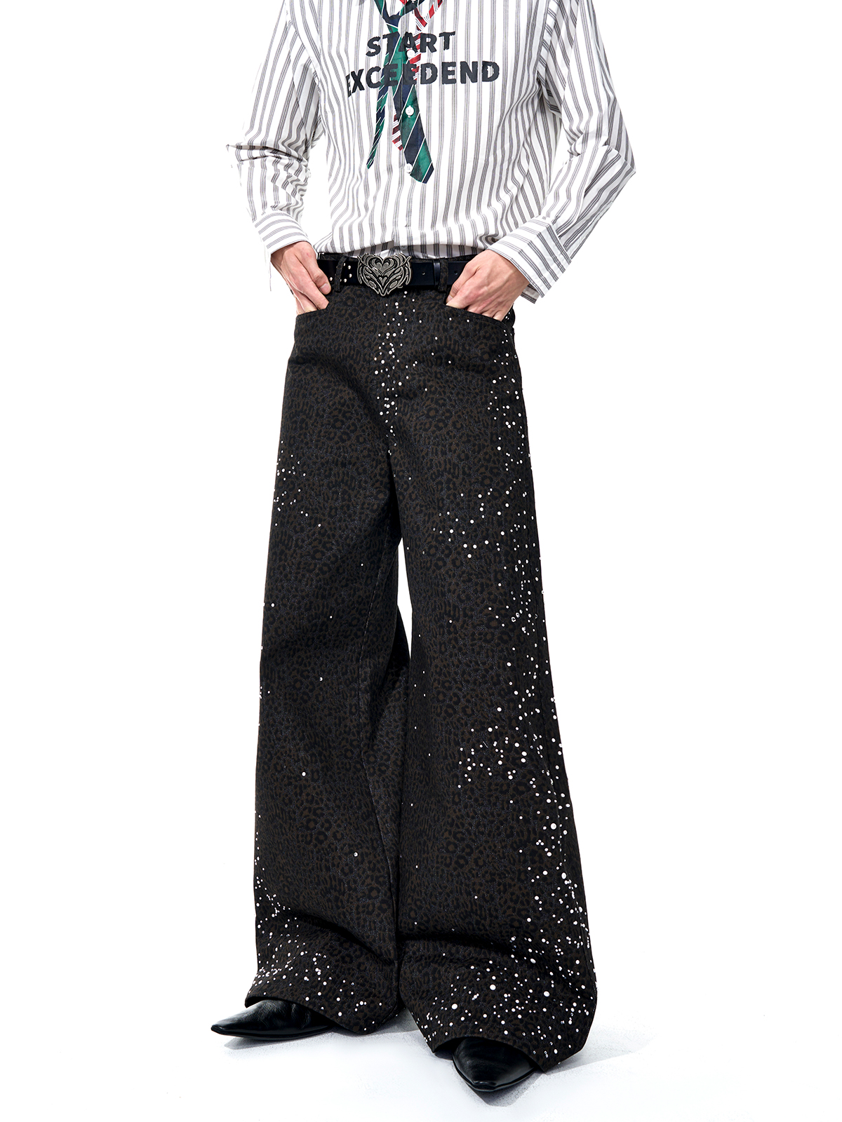 DARK LEOPARD RHINESTONE WIDE LEG TROUSERS-START EXCEED END