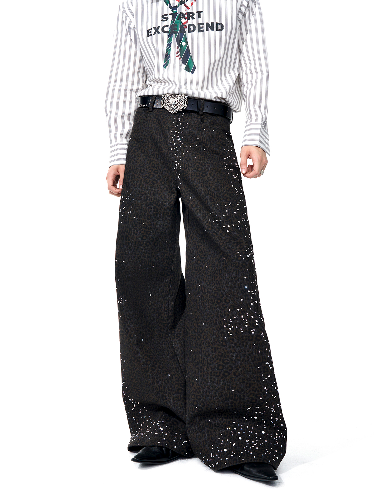 DARK LEOPARD RHINESTONE WIDE LEG TROUSERS-START EXCEED END