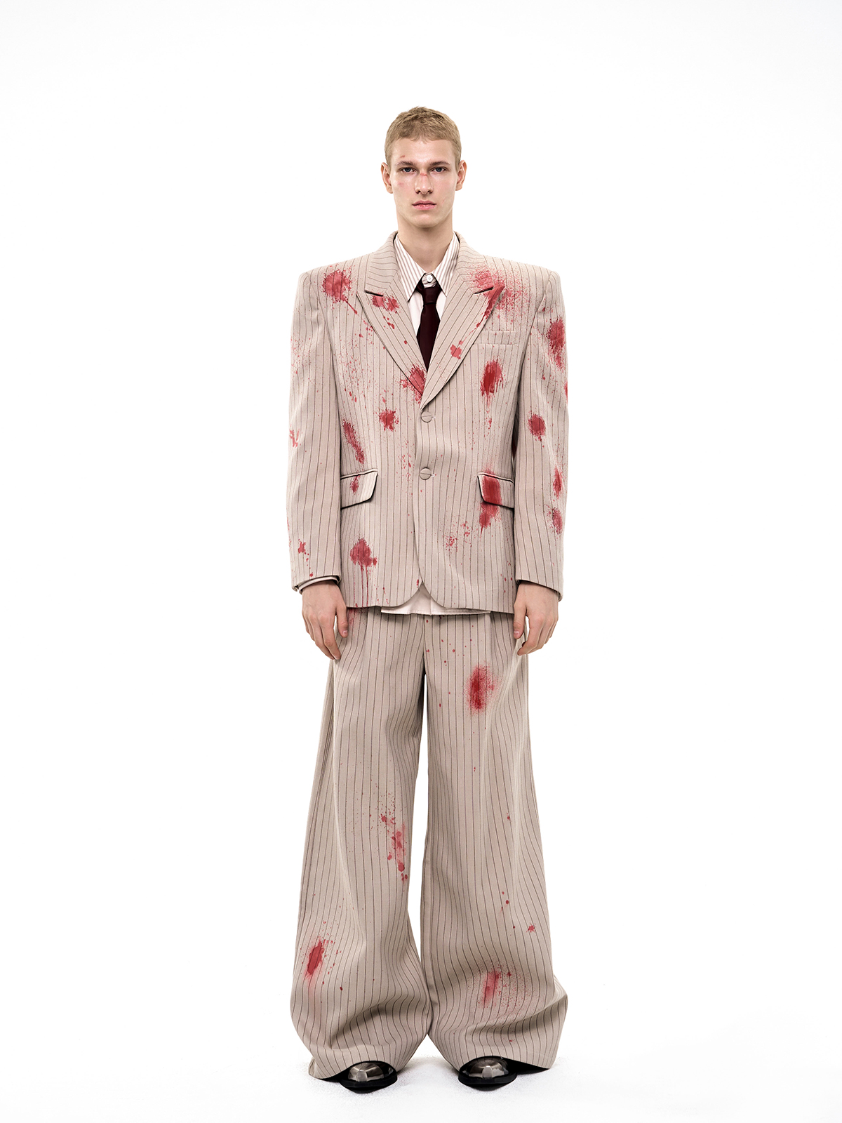 SAND PINSTRIPE CRIMSON-SPLATTER SUIT-START EXCEED END
