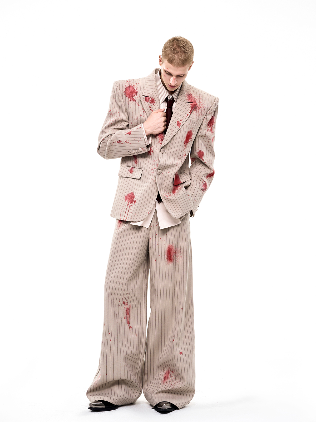 SAND PINSTRIPE CRIMSON-SPLATTER SUIT-START EXCEED END