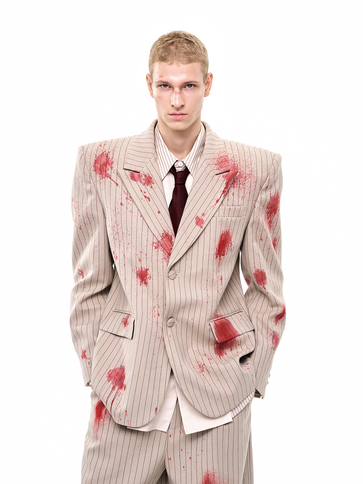 SAND PINSTRIPE CRIMSON-SPLATTER SUIT-START EXCEED END