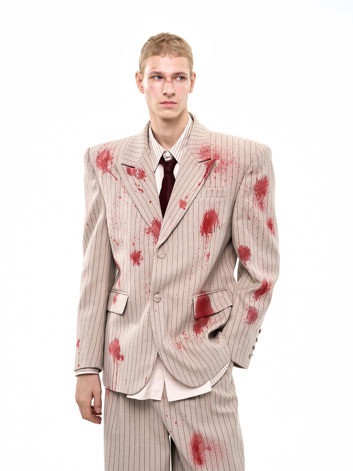 SAND PINSTRIPE CRIMSON-SPLATTER SUIT-START EXCEED END