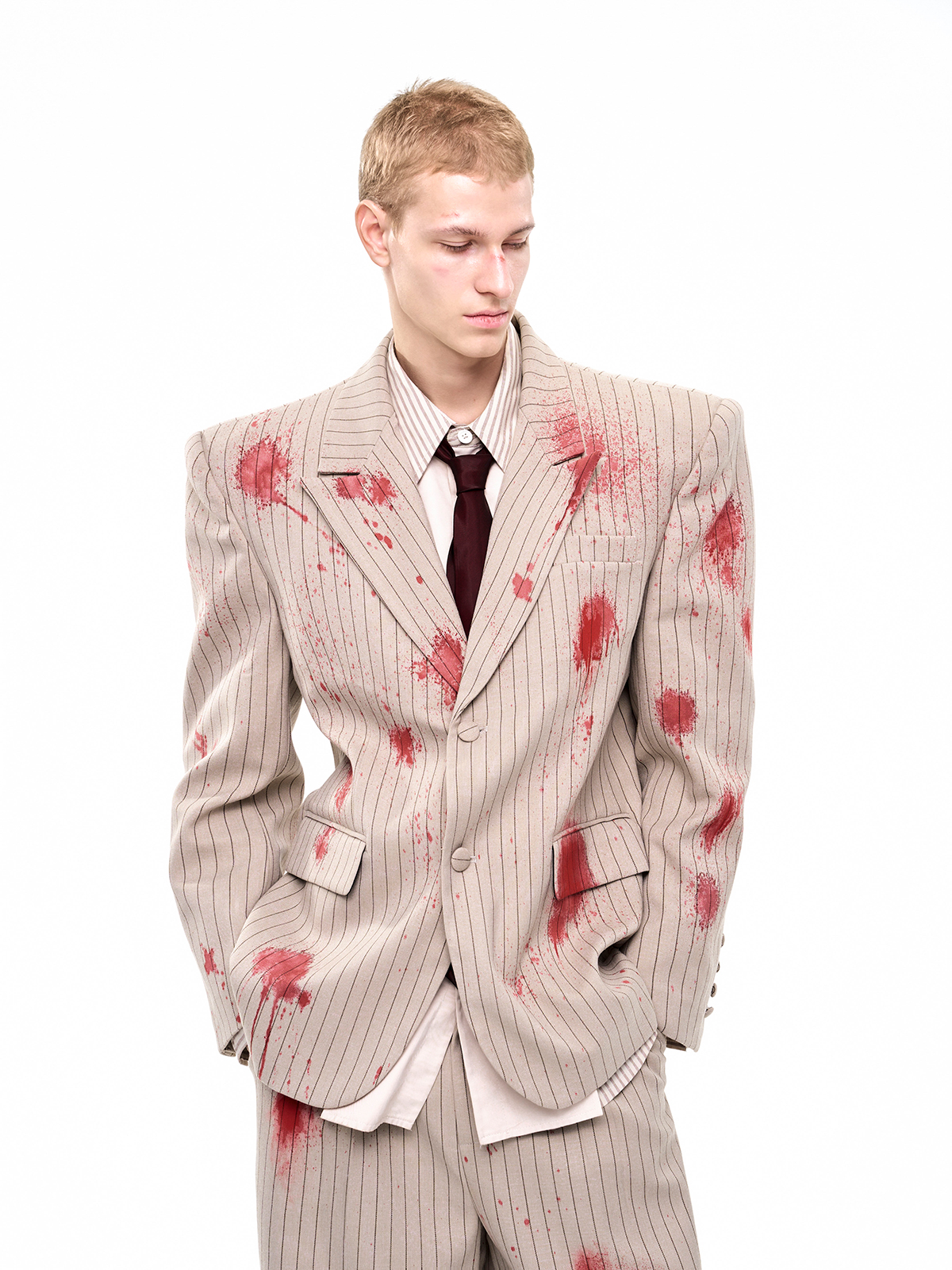 SAND PINSTRIPE CRIMSON-SPLATTER SUIT-START EXCEED END