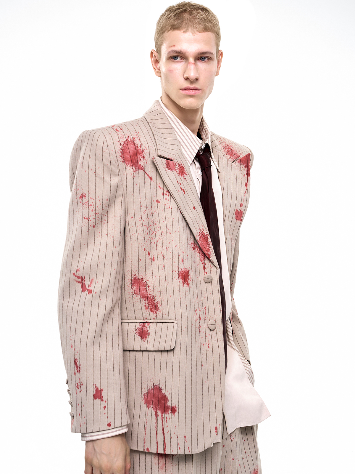 SAND PINSTRIPE CRIMSON-SPLATTER SUIT-START EXCEED END