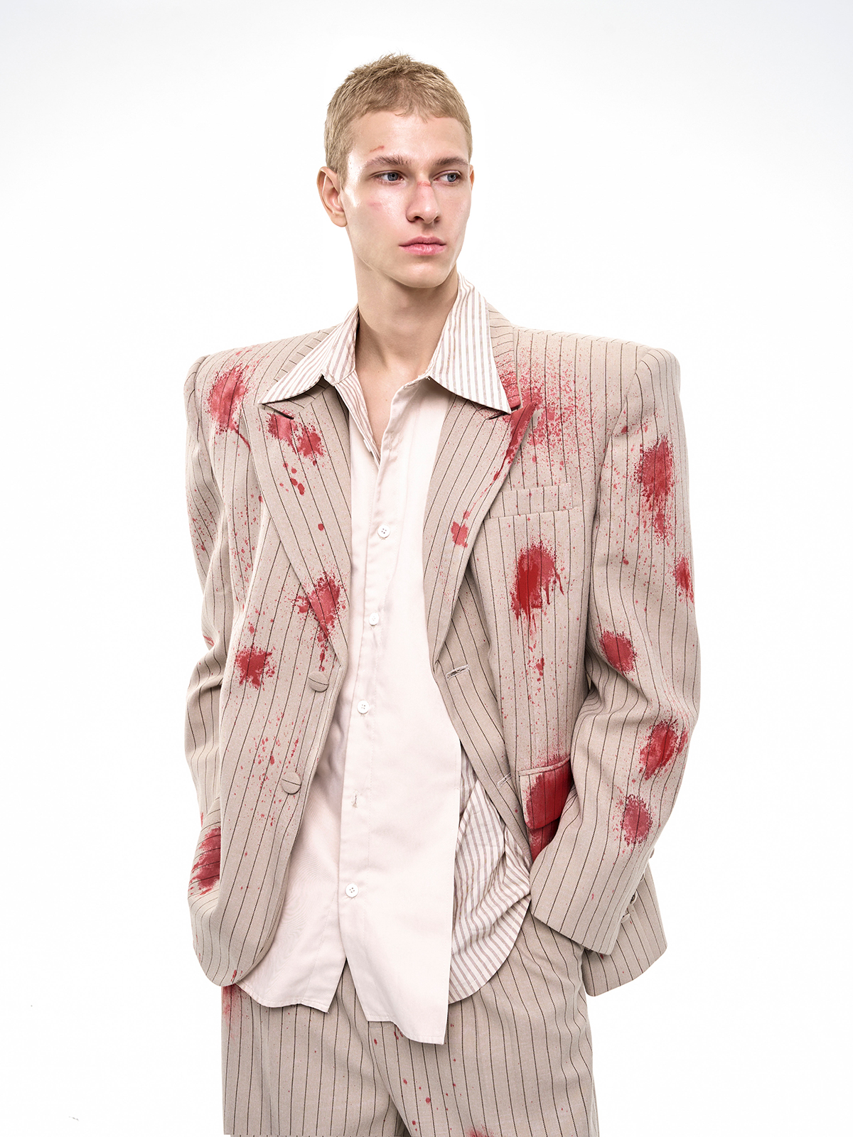 SAND PINSTRIPE CRIMSON-SPLATTER SUIT-START EXCEED END