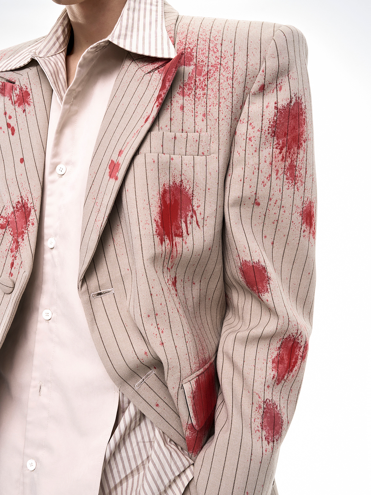 SAND PINSTRIPE CRIMSON-SPLATTER SUIT-START EXCEED END