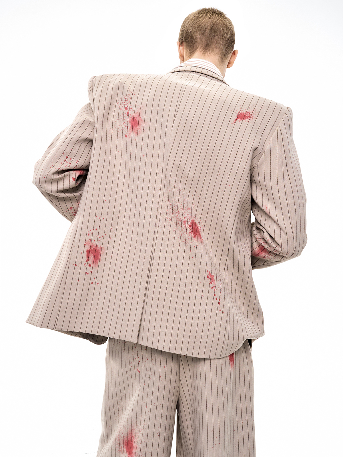 SAND PINSTRIPE CRIMSON-SPLATTER SUIT-START EXCEED END