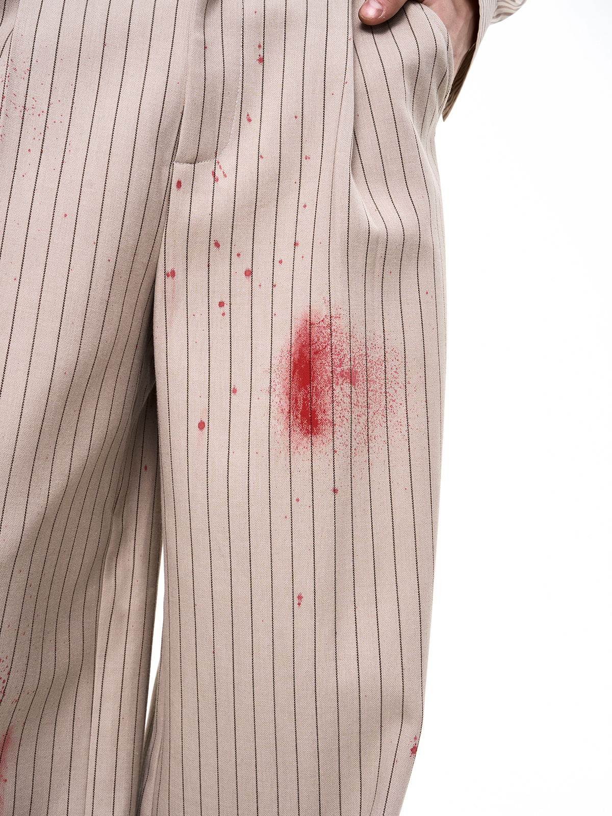 SAND PINSTRIPE CRIMSON-SPLATTER SUIT-START EXCEED END