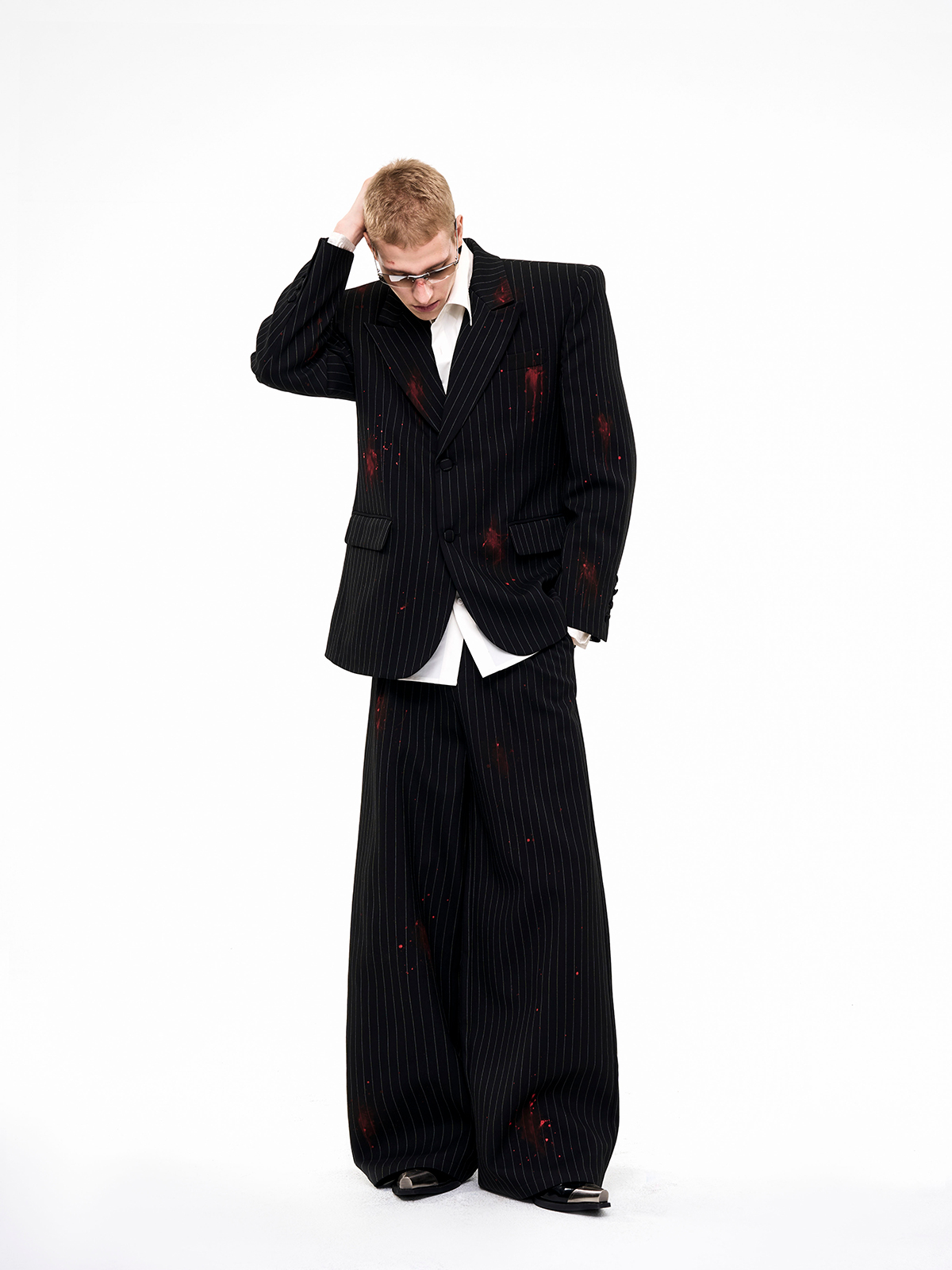 BLACK PINSTRIPE CRIMSON-SPLATTER SUIT-START EXCEED END