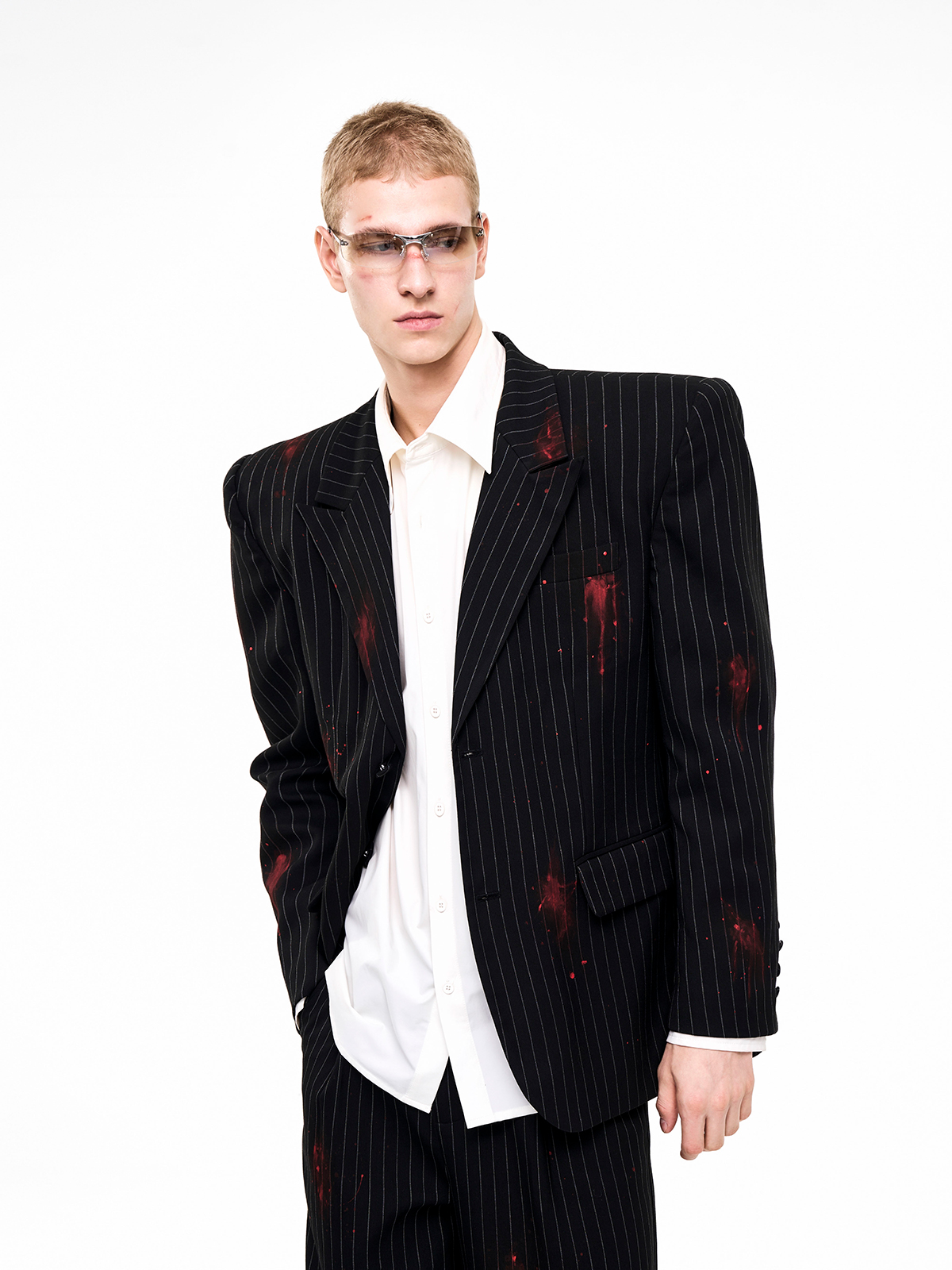 BLACK PINSTRIPE CRIMSON-SPLATTER SUIT-START EXCEED END